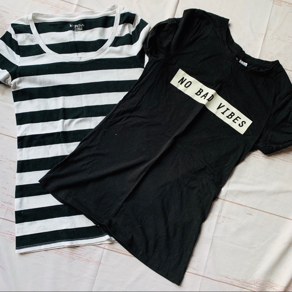 H&M 2/$15 TEES SHORT SLEEVE NO BAD VIBES/ MERONA STRIPED
